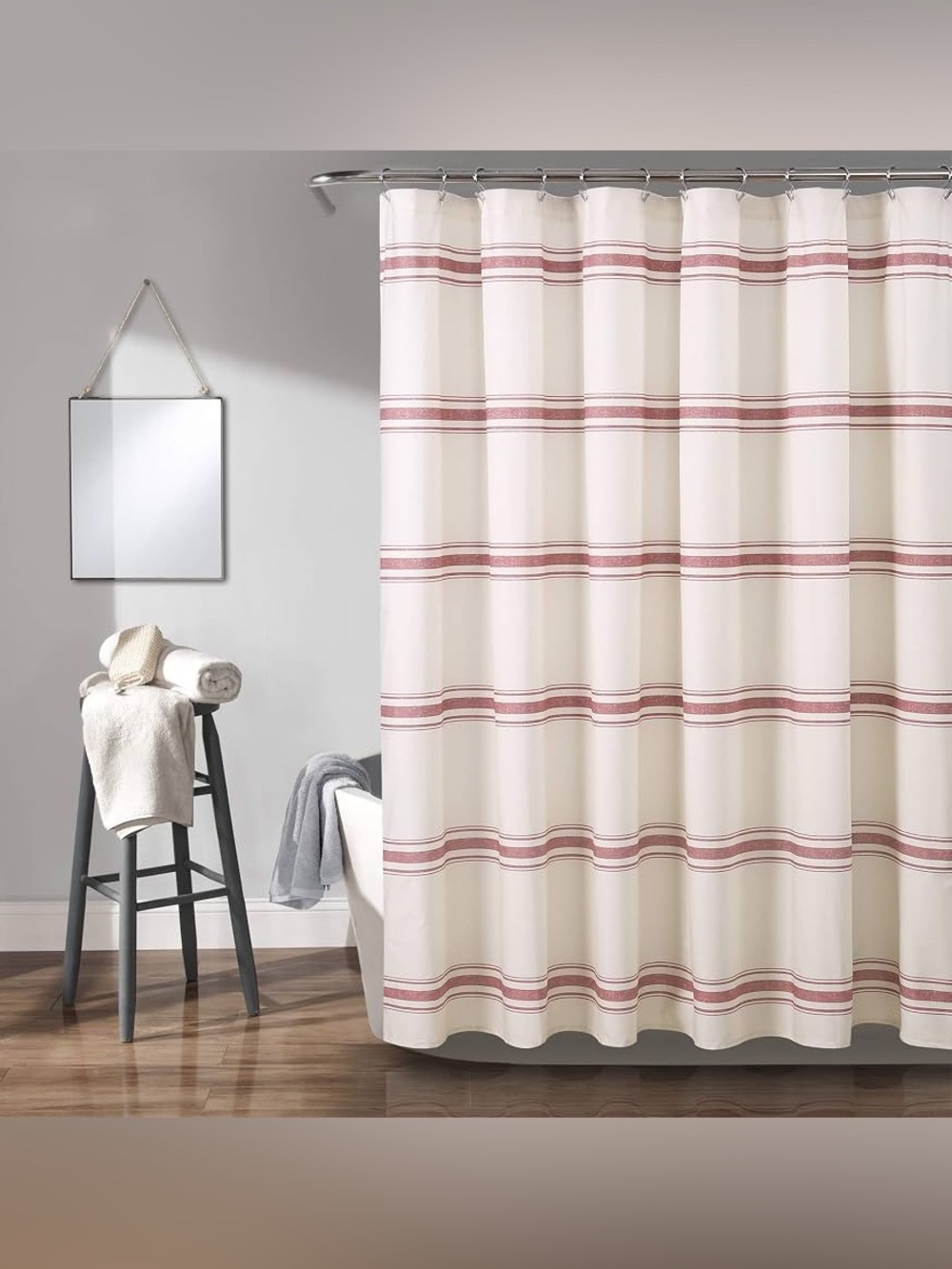 Lush Décor Farmhouse Stripe Cotton White/Red Shower Curtain 72 x 72 Washable